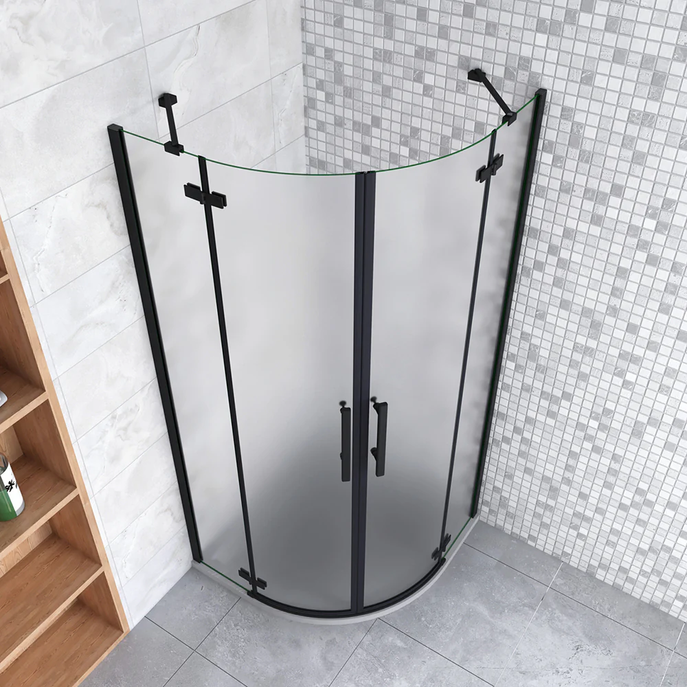195cm Box Doccia Semicircolare Apertura Battente Vetro 6mm Temperato Satinato Anticalcare con 2 Barre Stabilizzatrici Telai in Nero Opaco - Image 2