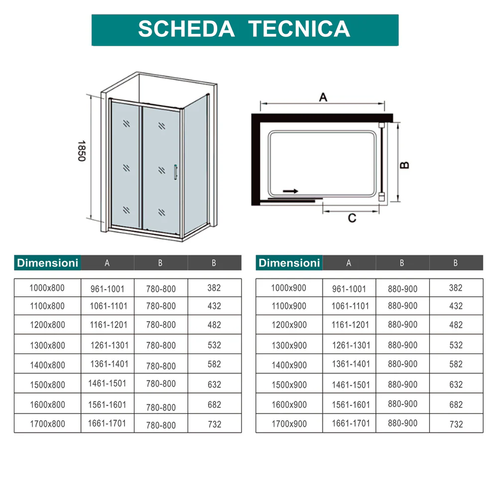 Aica 185 cm Box Doccia Angolare Porta Scorrevole con Parete Fissa Vetro Temperato 5 mm Trasparente Telaio Cromato Lucido - Image 10
