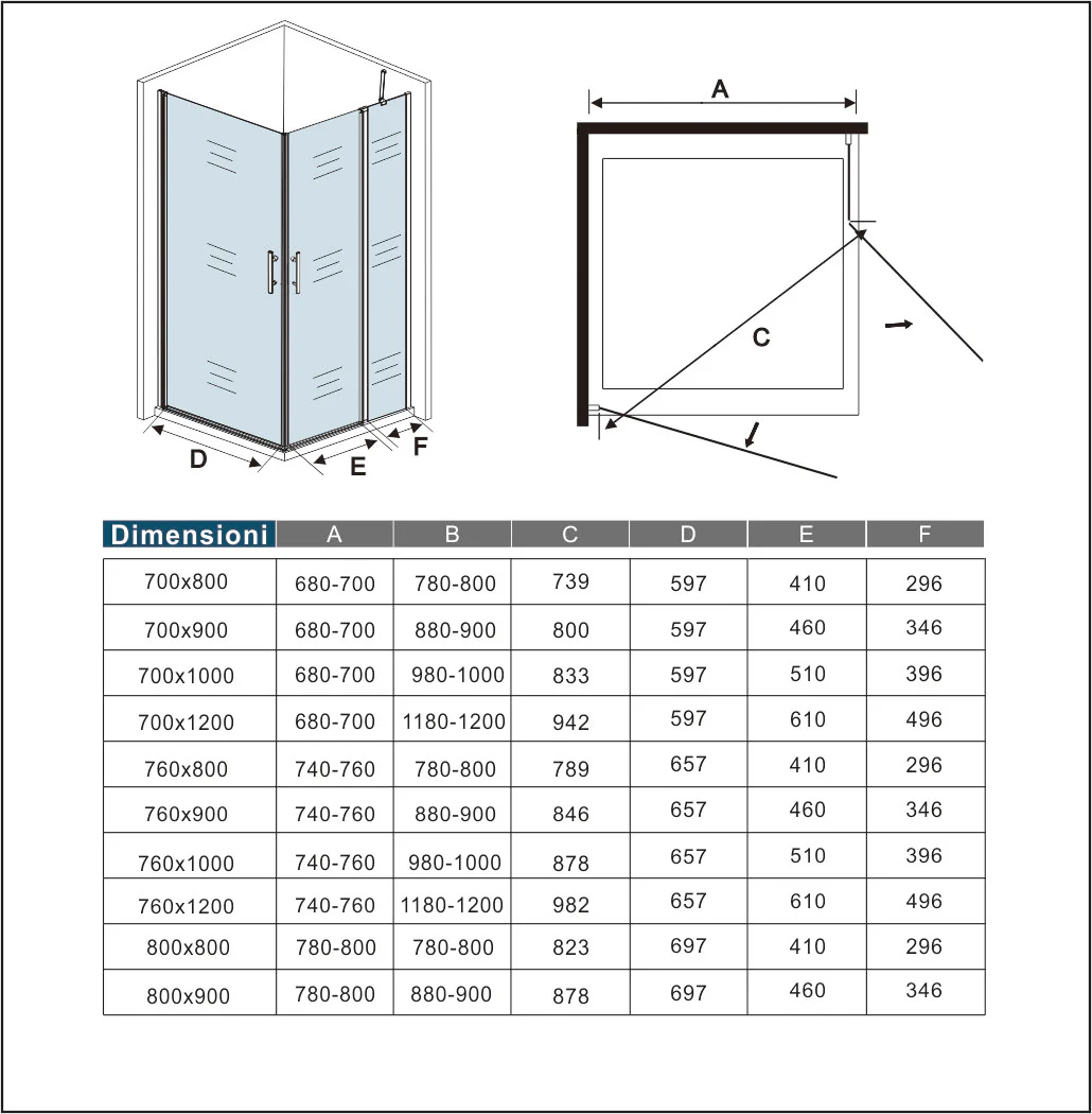 Aica 195 cm Box Doccia Angolare Doppia Porta Battente in Vetro 6 mm Temperato Anticalcare Trasparente Barra Stabilizzatrice e Telaio Cromo Lucido - Image 10