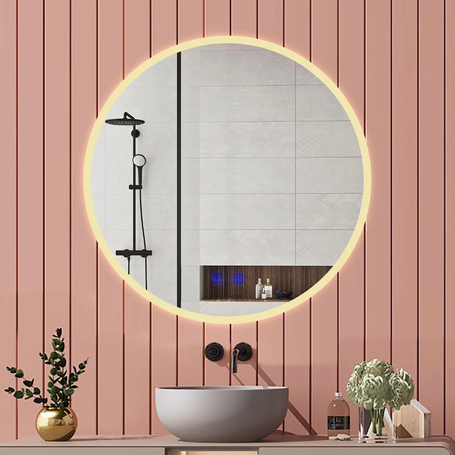Aica Specchio Bagno Rotondo 70/80cm con LED, Tocco Intelligente, Anti-appannamento, Dimmerabile 3 Colori 3000K-6000K, Altoparlante Bluetooth, IP44 Impermeabile e Antiumidità, Certificazione CE,  Retroilluminato - Image 3