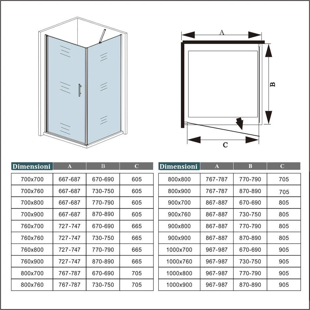 195 cm Box Doccia Angolare Porta Battente Più Parete Laterale Fissa Vetro 6mm Temperato Anticalcare Telaio e Barra Stabilizzatrice Cromato Lucido - Image 8
