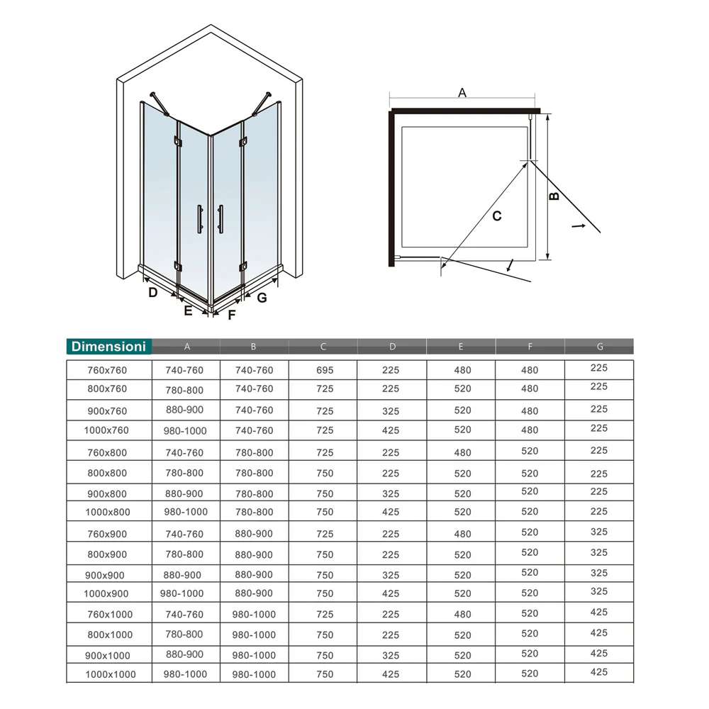 Aica 195 cm Box Doccia Angolare Doppie Porte Battenti Vetro 6 mm Temperato Anticalcare Trasparente Telaio Cromo Lucido varie dimensioni - Image 9