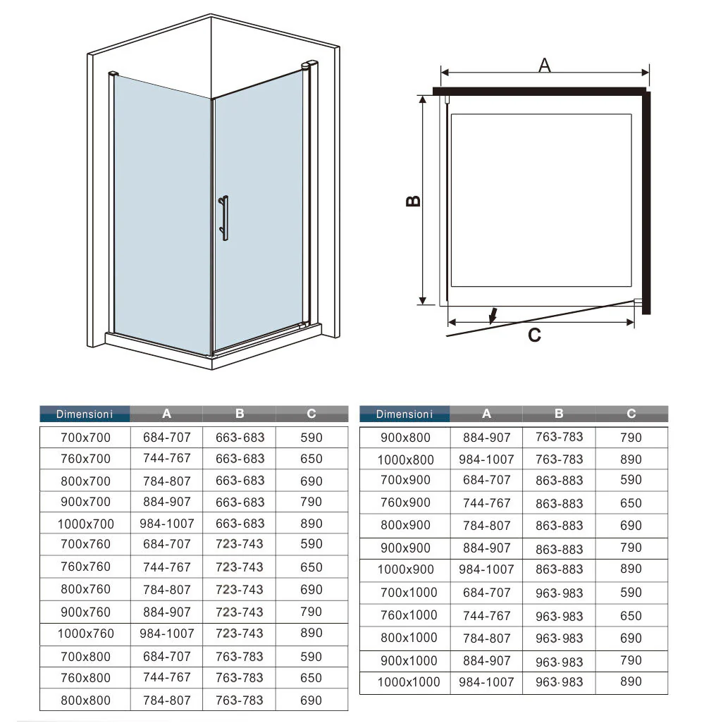 Aica 187/197 cm Box Doccia Angolare Porta Battente Vetro 6 mm Temperato Anticalcare Telaio e Barra Stabilizzatrice Cromato Lucido - Image 15