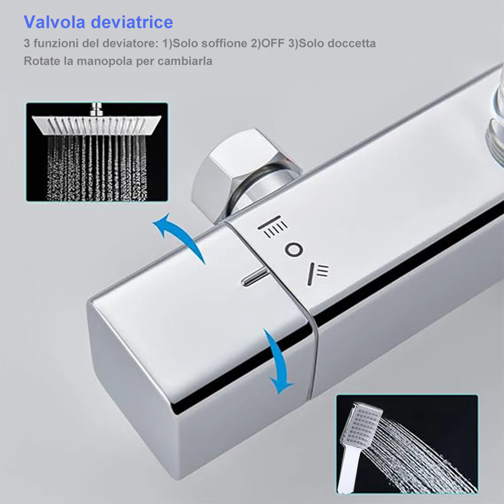 AICA Colonna Doccia con Miscelatore Termostatico, Rubinetto Doccia 300x45mm, Soffione Doccia Quadrato in Acciaio Inox 25x25cm, Altezza Regolabile, Set Doccia Completo, Nero opaco / Cromato - Image 14