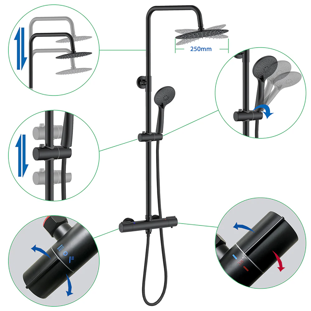 AICA Colonna Doccia con Miscelatore Termostatico, Rubinetto Doccia 300x45mm, Soffione Doccia Tondo in Acciaio Inox 25cm, Altezza Regolabile, Set Doccia Completo, Cromato o Nero opaco - Image 16