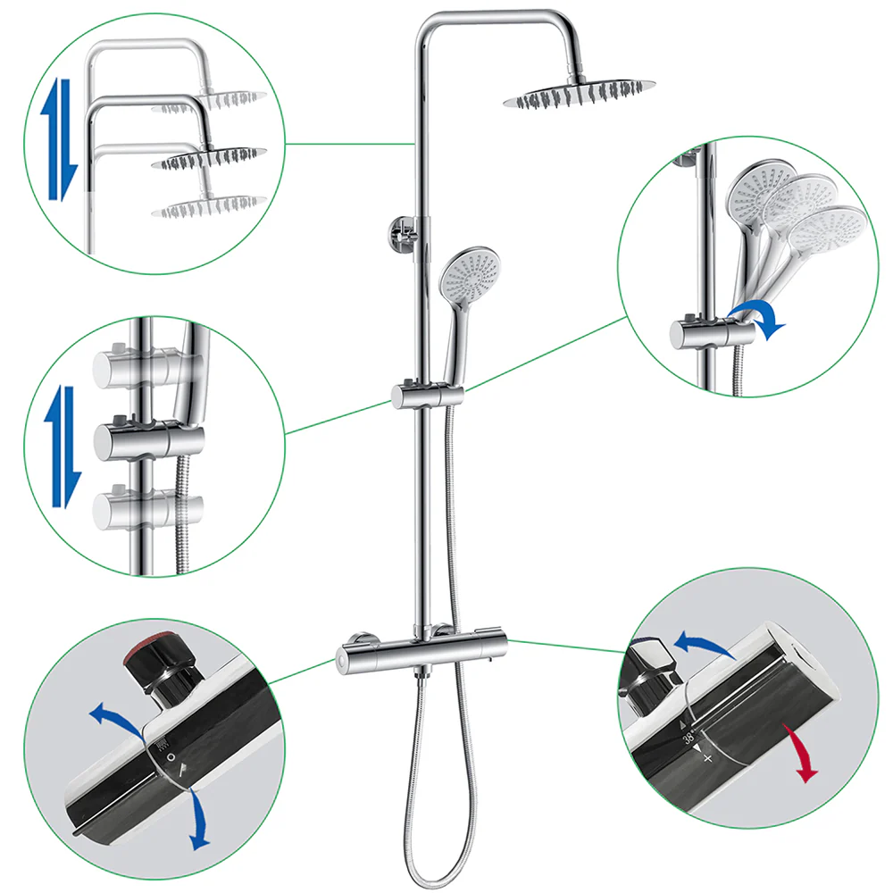 AICA Colonna Doccia con Miscelatore Termostatico, Rubinetto Doccia 300x45mm, Soffione Doccia Tondo in Acciaio Inox 25cm, Altezza Regolabile, Set Doccia Completo, Cromato o Nero opaco - Image 9