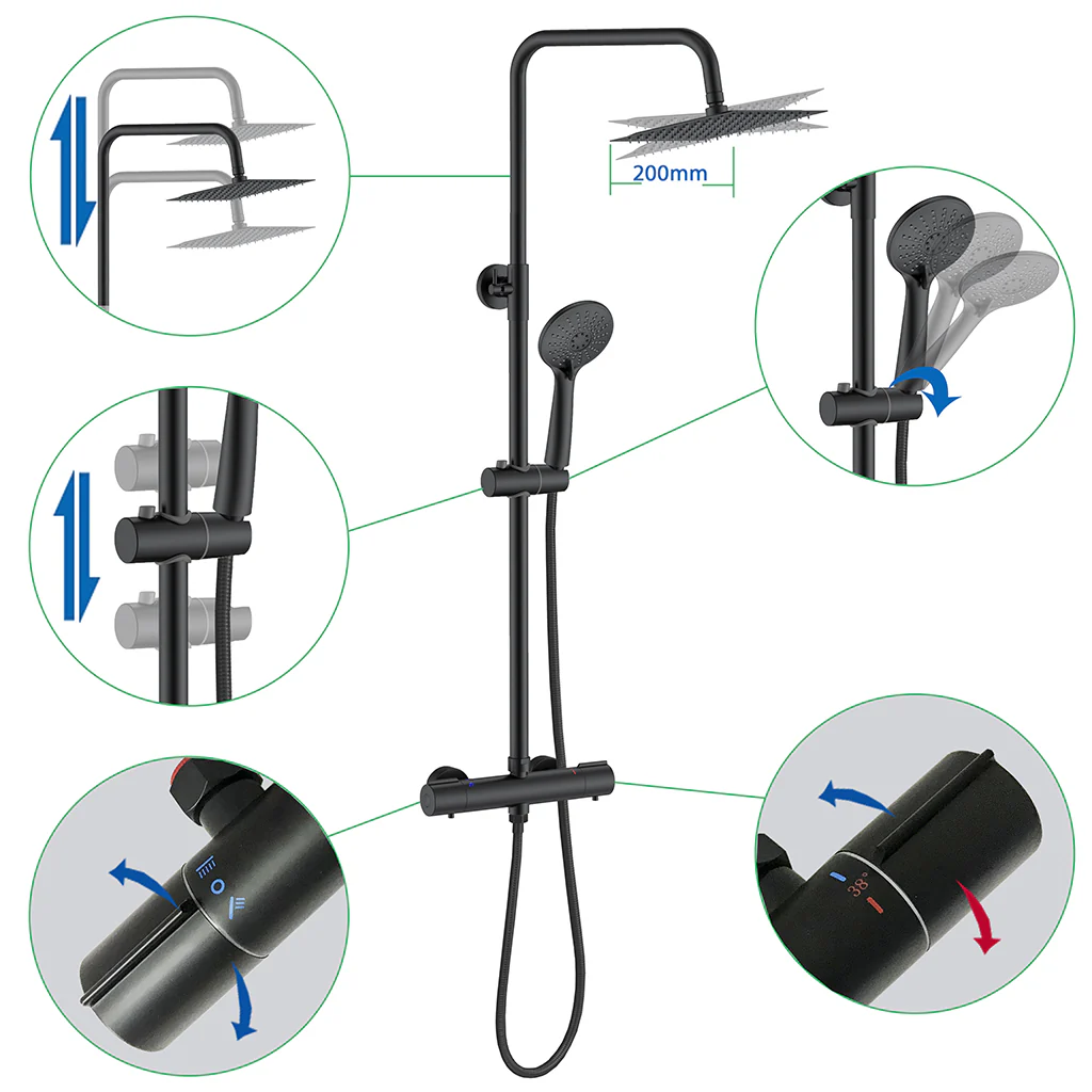 AICA Colonna Doccia con Miscelatore Termostatico, Set Doccia Completo, Rubinetto Doccia, Soffione Doccia Quadrato in Acciaio Inox, Altezza Regolabile, Matt Black / Cromato - Image 10