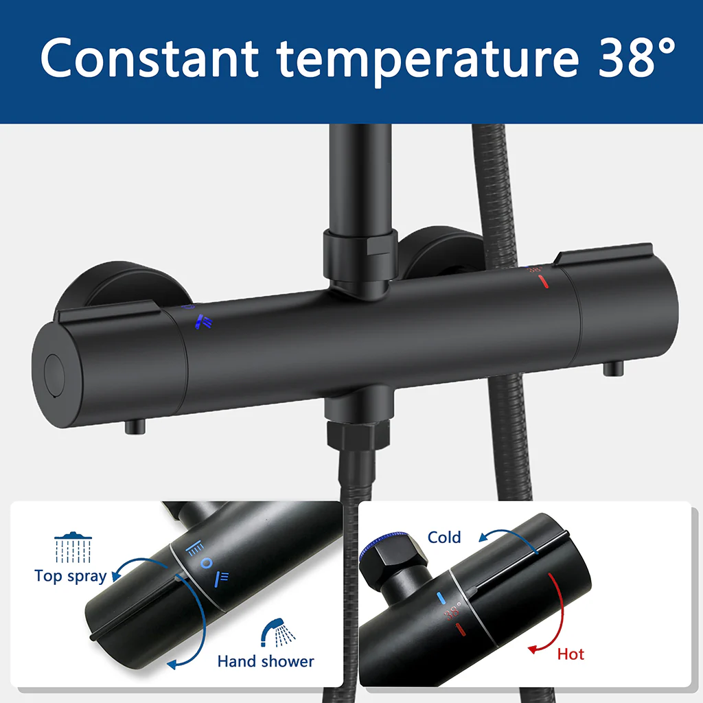 AICA Colonna Doccia con Miscelatore Termostatico, Set Doccia Completo, Soffione Doccia Tondo in Acciaio Inox, Altezza Regolabile, Rubinetto Doccia, Matt Black / Cromato - Image 5
