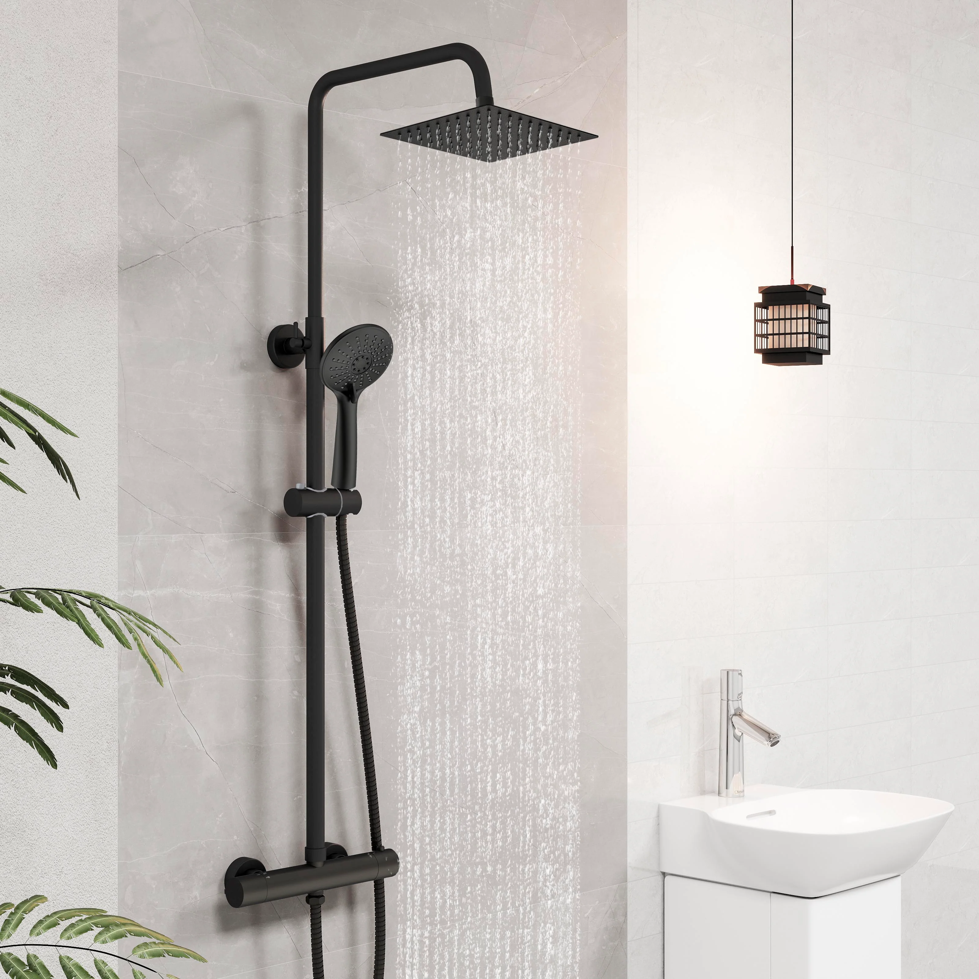 AICA Colonna doccia doccia con miscelatore termostatico, soffione quadrato 20x20cm in acciaio inox, regolabile in altezza, disponibile in cromo/nero - Image 2