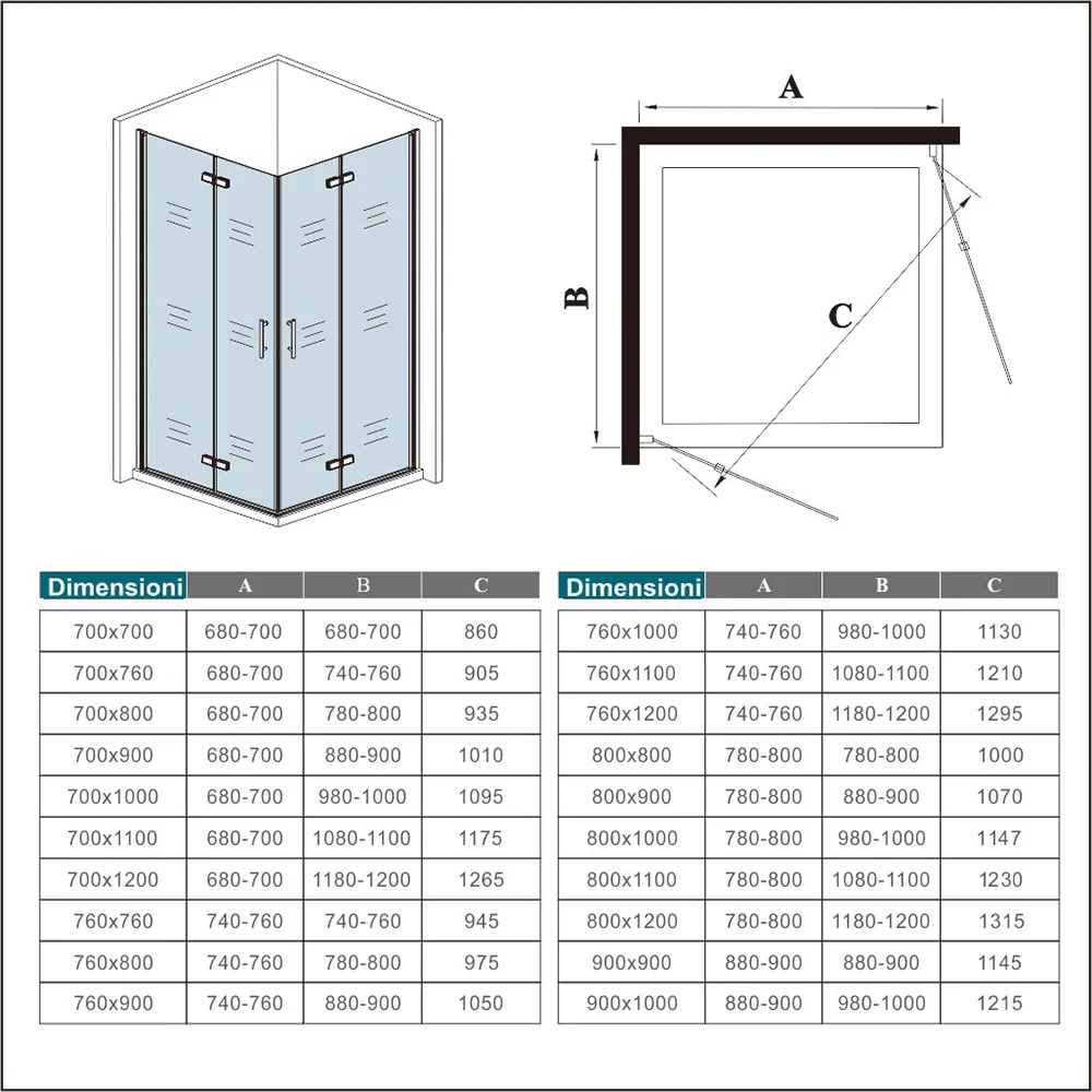 Box Doccia Angolare Porte Battente e Pieghevoli Vetro 5mm Temperato Trasparente Anticalcare Profilo Nero Opaco Piatto Doccia incluso - Image 9