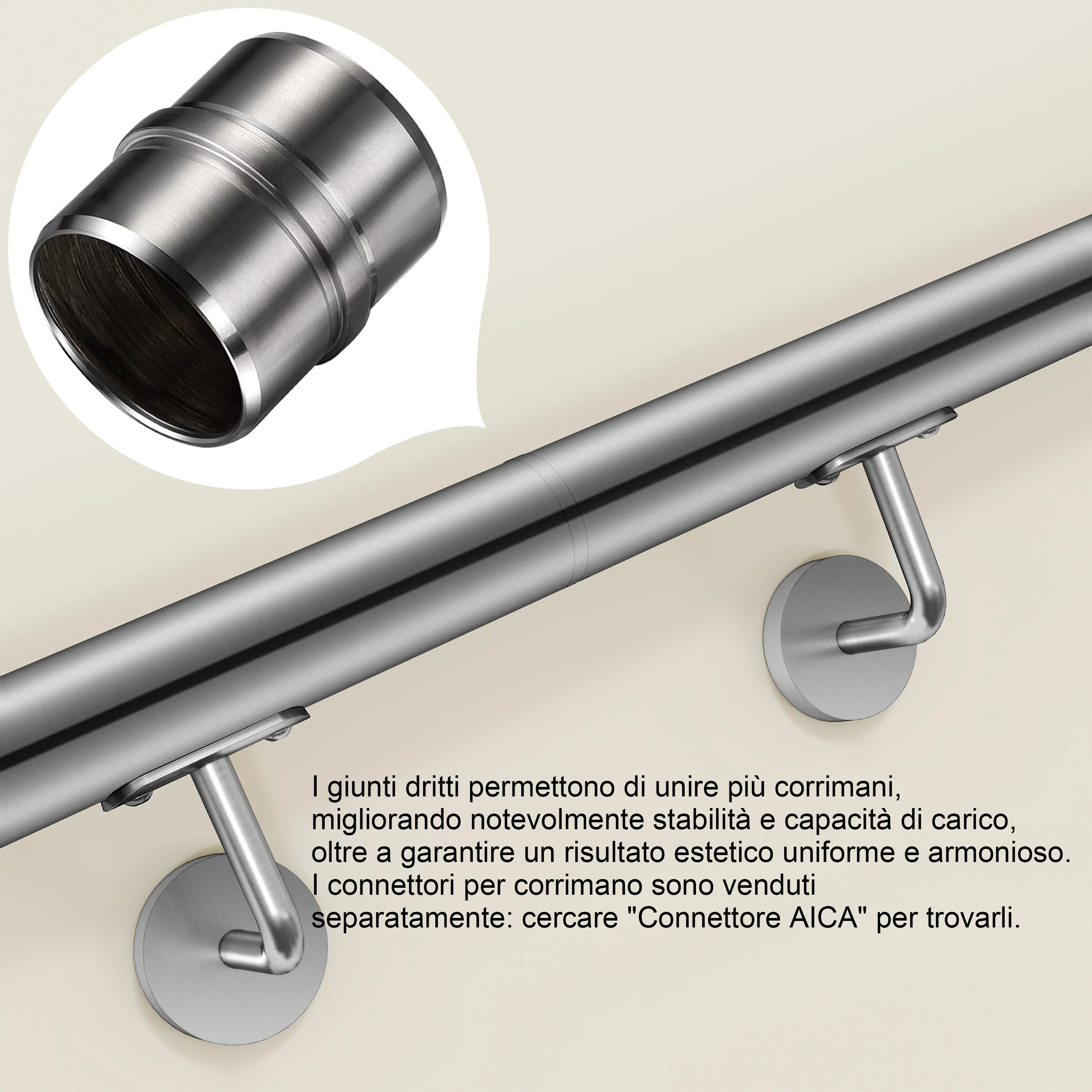 Connettore regolabile /Connettore dritto in acciaio inox 304 per corrimano Ø42.2/42.4mm parete - Image 3