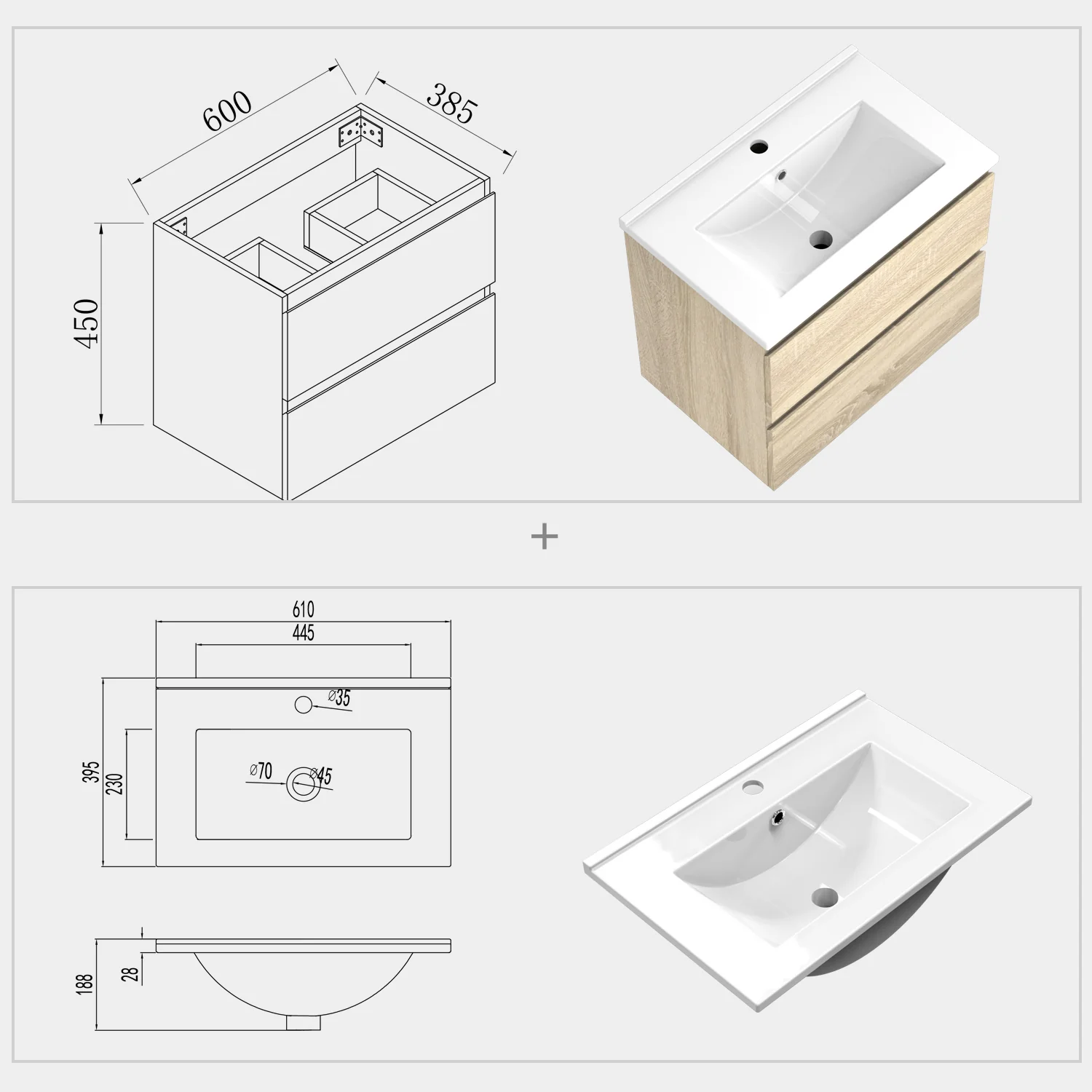 Aica sospeso salvaspazi Mobile Bagno , con lavabo in Ceramica e 2 cassetti - Image 8