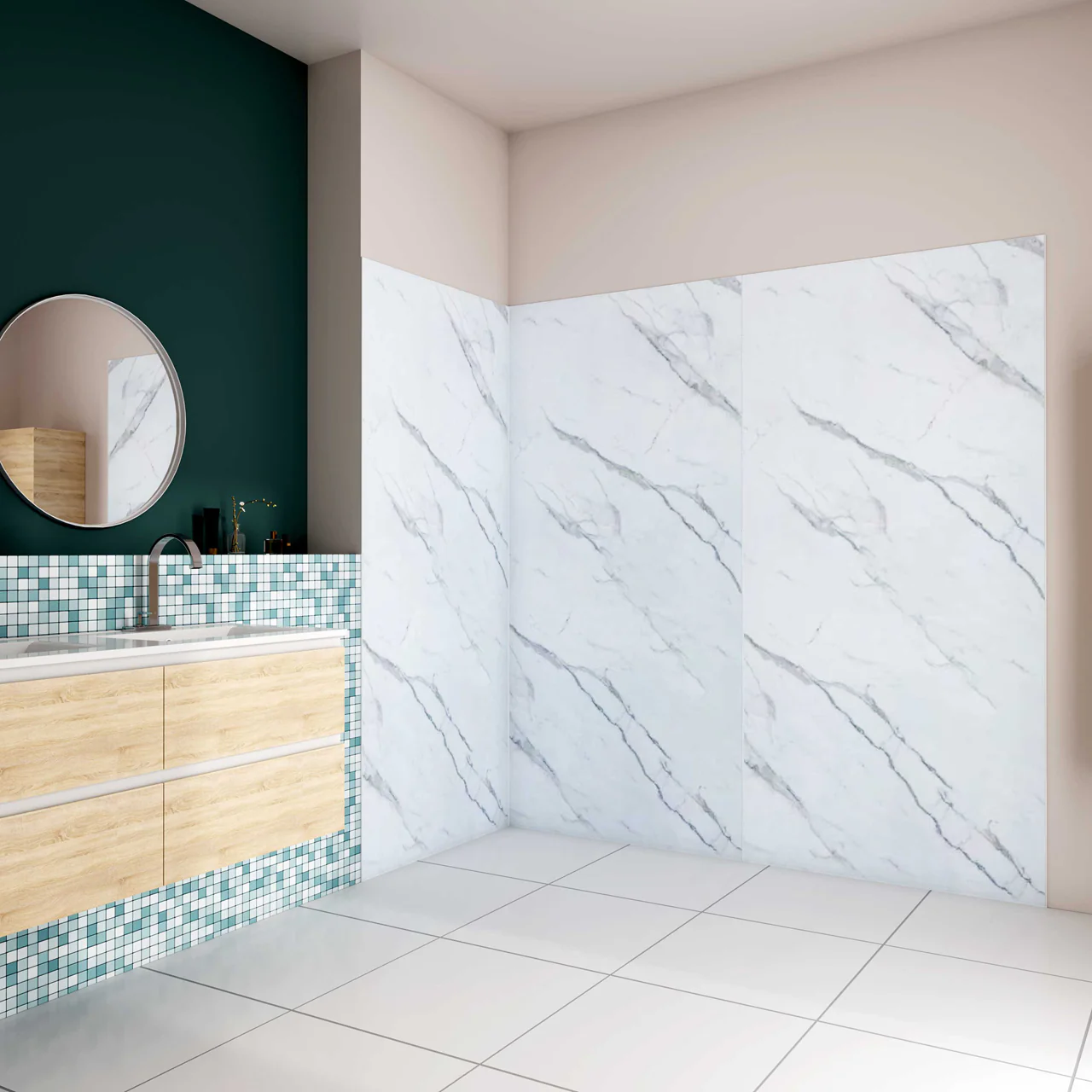 Pannello doccia angolare H.210 cm, realizzato in alluminio da 3 mm con finitura bianco Alba, adatto al rivestimento delle pareti del bagno. - Image 3