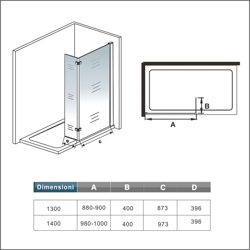 Parete doccia walk-in alta 200 cm con pannello rimovibile da 40 cm, barra stabilizzatrice in vetro temperato trasparente anticalcare da 8 mm o senza barra stabilizzatrice - Image 6
