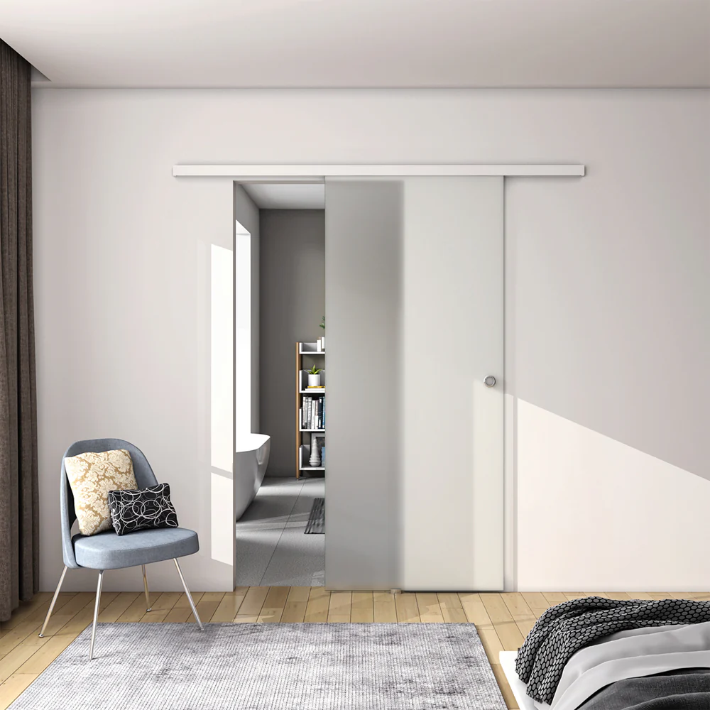 Porta Scorrevole in Vetro da 8mm Temperato Opaco con Pellicola Anti-frantumi con Binario in Alluminio Bianco Verniciato Altezza 225cm - Image 9