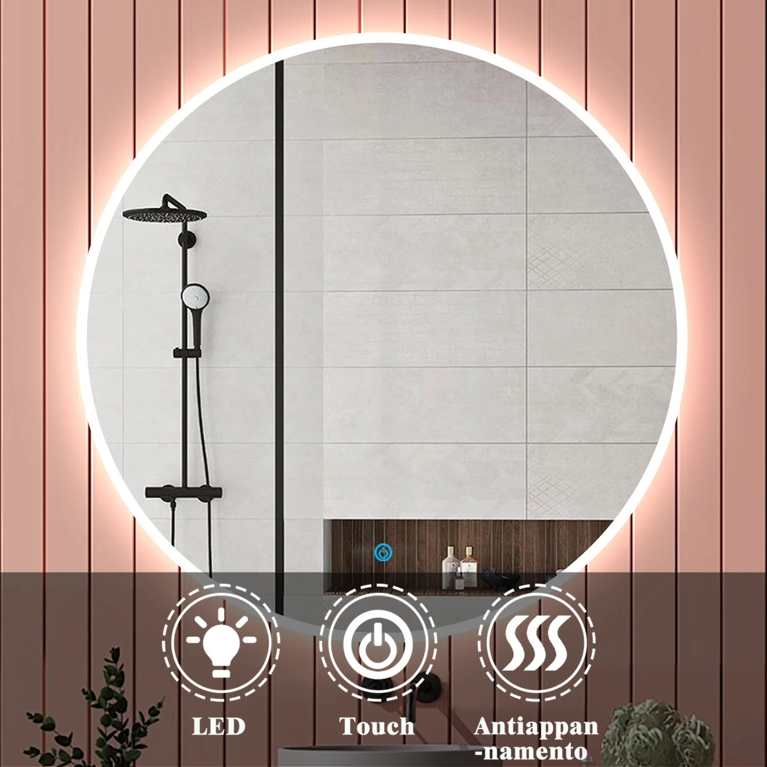 Aica Specchio da bagno rotondo da parete con LED , Anti-appannamento, Luce Bianca Fredda 6000K, Tocco Intelligente, Retroilluminato - Image 13